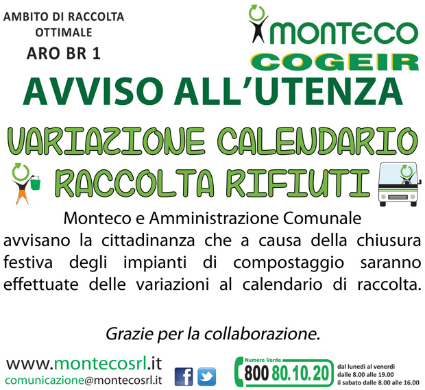 ARO BR1: 25 aprile variazione al calendario di raccolta