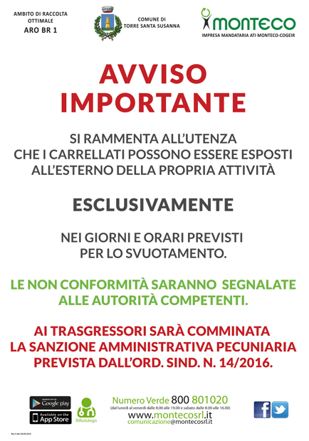 Torre Santa Susanna. Monitoraggio sul corretto conferimento dei contenitori carrellati