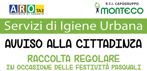 COMUNI DELL'ARO TA/2, FESTIVITA' PASQUALI: RACCOLTA REGOLARE