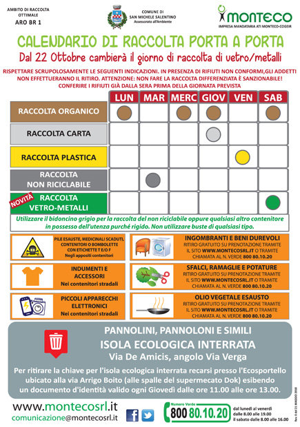 San Michele S.no. Dal 22 ottobre 2018 cambia il giorno di raccolta della frazione multimateriale vetro e metalli