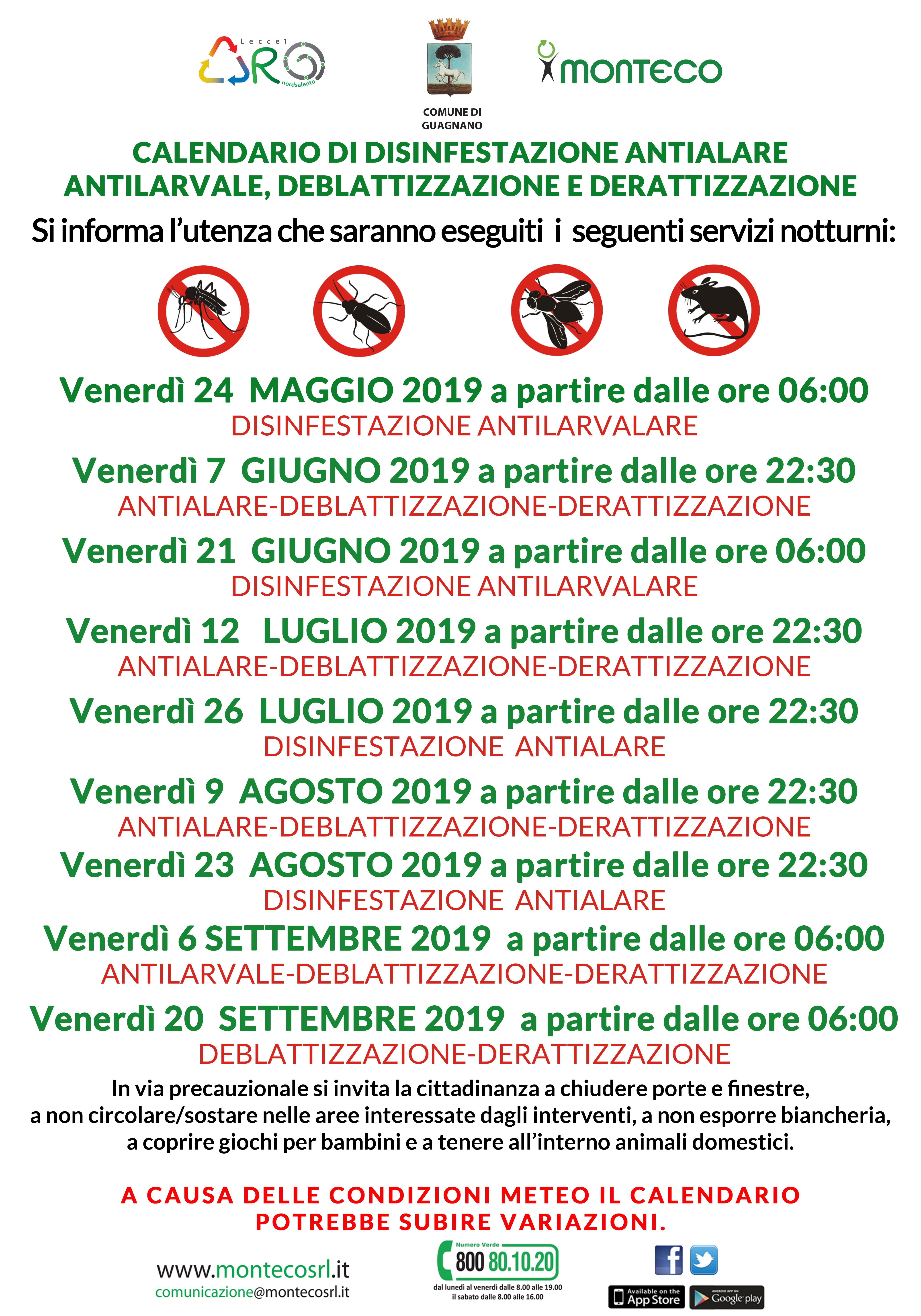 Guagnano - Calendario di disinfestazione antialare, deblattizzazione e derattizzazione