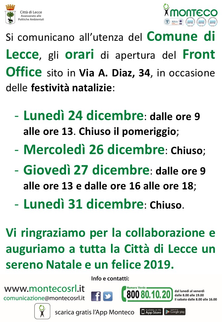 Orari apertura Front Office Lecce in occasione delle festività natalizie