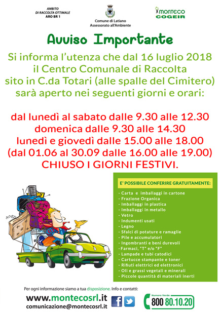 Latiano. Cambia l'orario di apertura del Centro Comunale di Raccolta